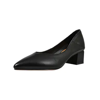 

real Leather Women Pump Shoes Round Toe Square Spring Summer Shallow Wedding Shoes Bride Thick Heel