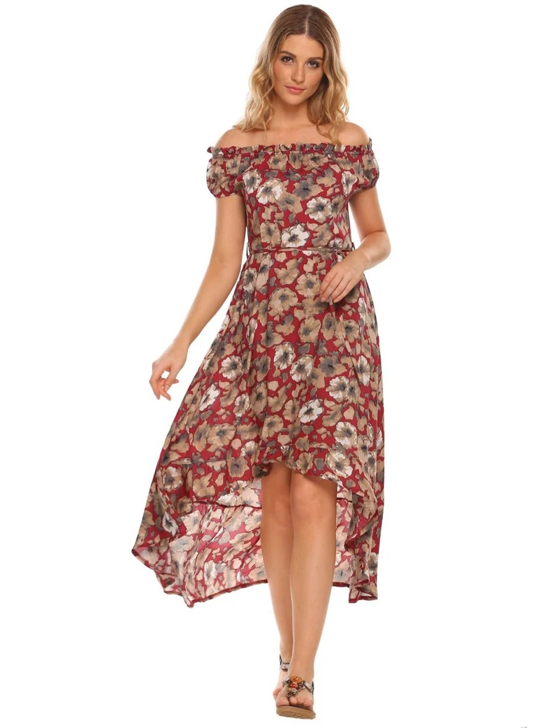 

2019 Summer Bohemian Floral Print Ladies Long Dress Bare Shoulders Before And After Irregular Ruffled Long Dress Women Clothing