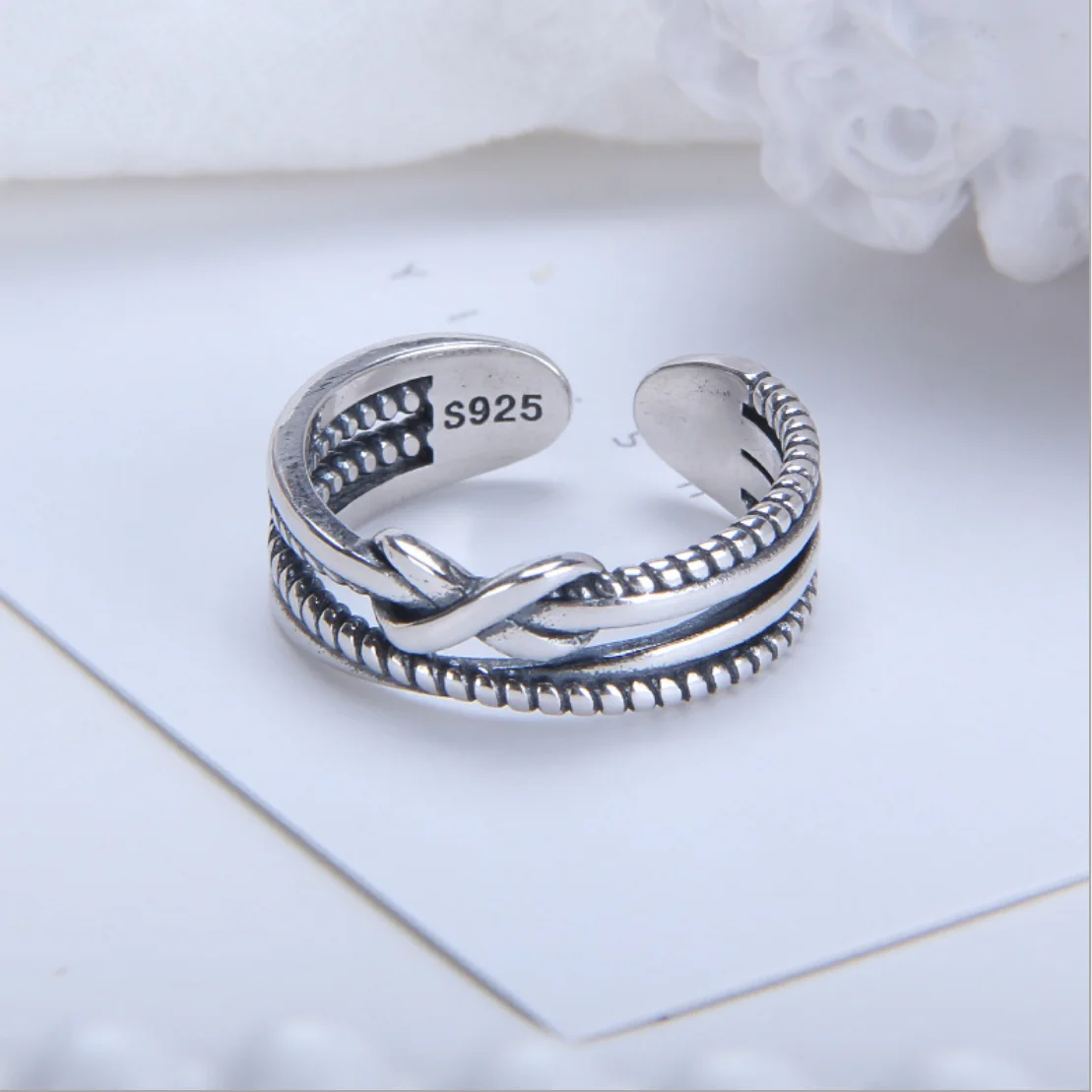 

Sterling silver s925 multi-layer braided twisted rope open ring Japan and South Korea simple fashion retro hip hop twist ring