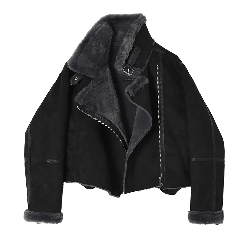 Ly Varey Lin, зимние пальто из искусственной овчины, толстая теплая куртка из искусственной кожи и замши, Женское пальто из овечьей шерсти с отложным воротником на молнии