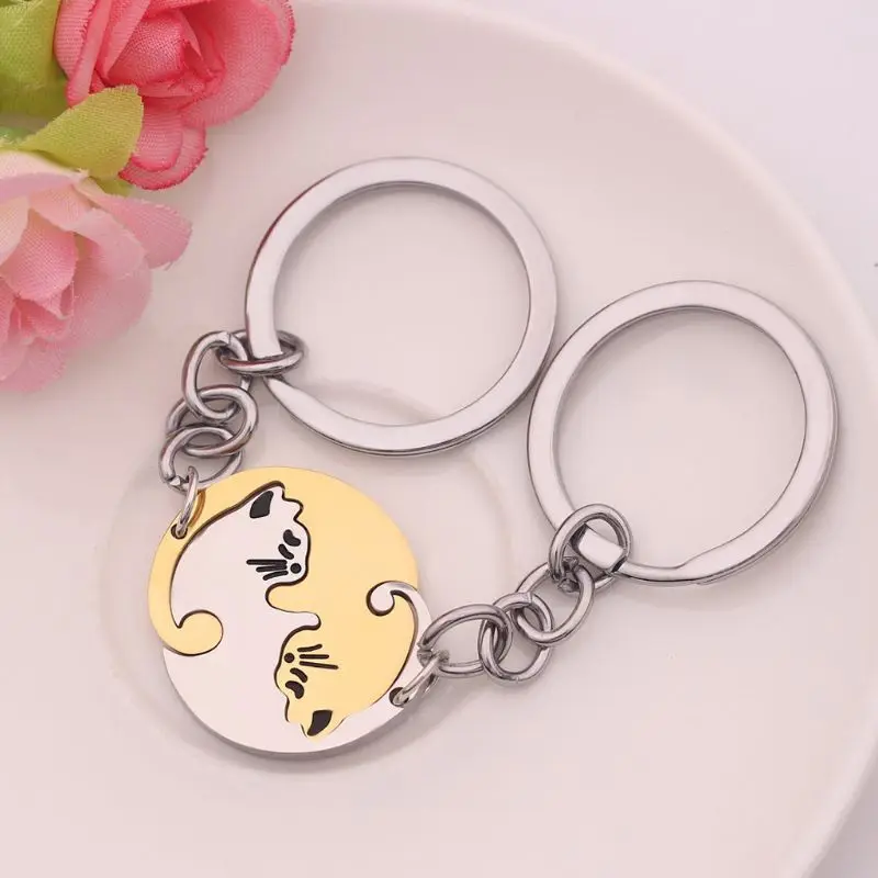 

2Pcs Titanium Steel Black White Cat Couples Yin yang Matching Puzzle Keychain