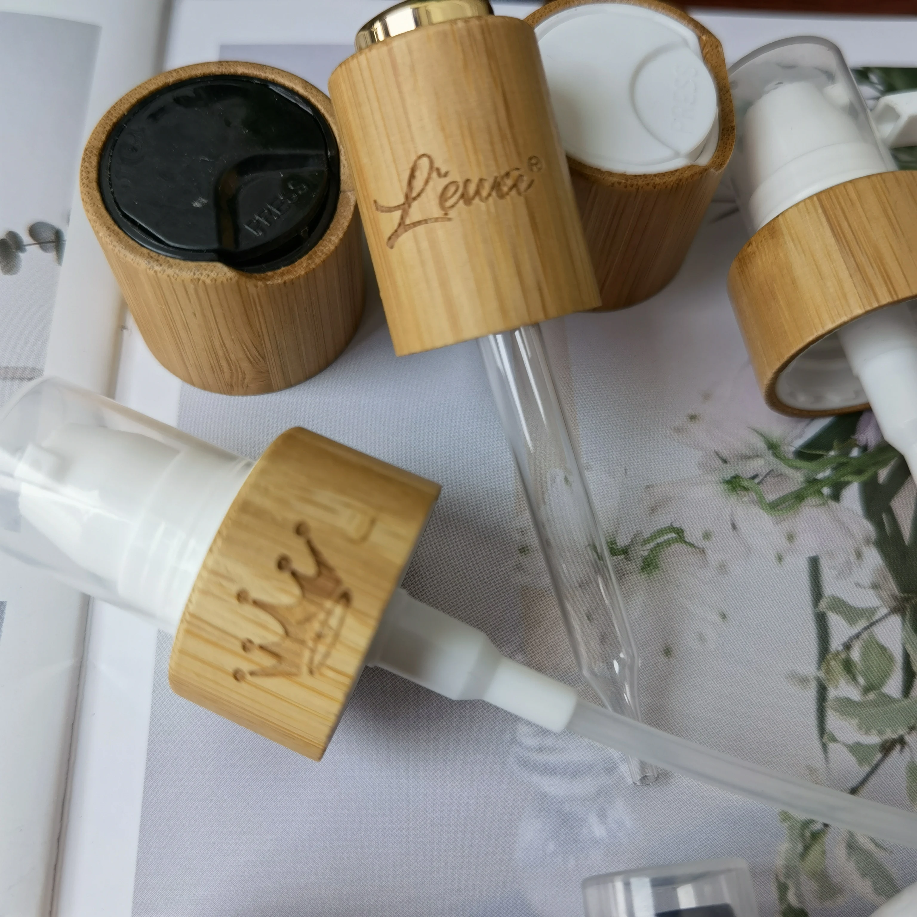 Bamboo Mist Spray Dropper Pump Bamboo Wood Lid Standard Plastic Glass Skin Care Packaging Caps Cosmetic Bamboo Wooden Bottle Cap