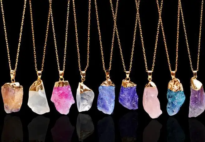 

LISTE&LUKE New Rainbow Natural Stone Quartz Pendant Necklace Colorful Irregular Crystal Stone Pendants Gold Side Necklaces Women