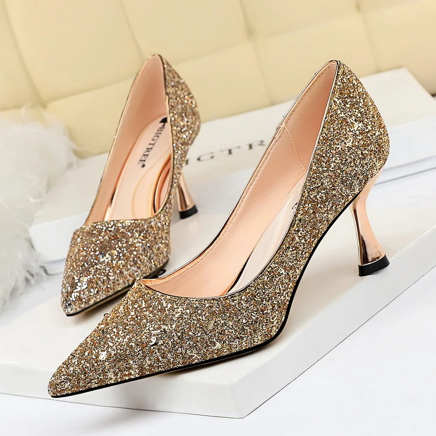 

Pumps Women 2020 Spring High Heels Bling Pointed Toe Party Night Club Dance Prom Wedding Elegant OL Sequin Sexy Stiletto Shoes