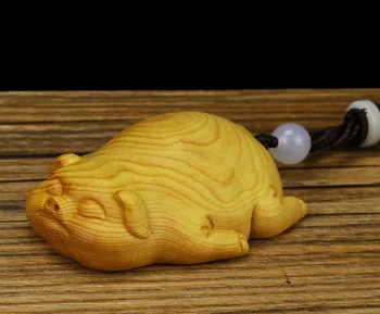 

50MM Chinese Box-wood Hand Carved Zodiac Animal Pig Small Foo Pig Lucky Statue