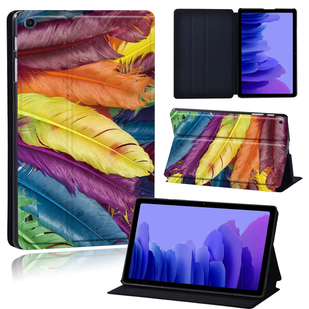 Tablets Case for Samsung Galaxy Tab A7 10.4 Inch 2020 T500/T505 Printed Feather PU Leather Tablet Stand folio Cover+ Free Stylus