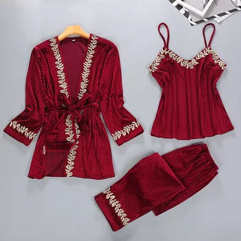 

3PCS Pajamas Suit Women Long Sleeve Nightwear Homewear Soft Autumn Sleep Set Bathrobe Lounge Home Clothing Sleepwear Negligee