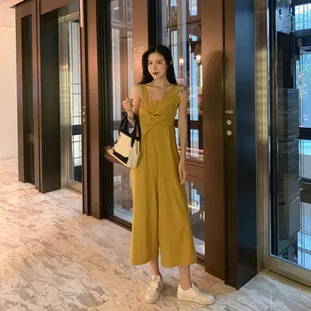 

Women Solid Bow Empire Wide Leg Jumpsuit 2019 Summer Sleeveless Pocket Strap Rompers Ankle-length Loose Overalls