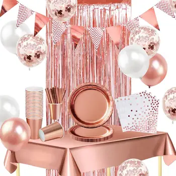 

Rose gold party decorations for 16 guests tableware bunting curtain tablecloth plate napkin cup straw balloon birthday wedding h