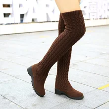 Зимние женские вязаные Стрейчевые Сапоги выше колена; женская теплая обувь на платформе без шнуровки; Женская Удобная модная обувь; модель года