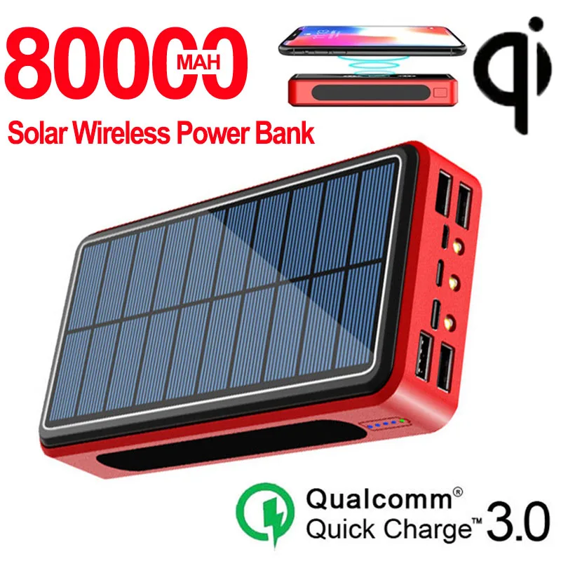 80000mAh Qi Беспроводной внешний аккумулятор солнечной энергии 4usb зарядное