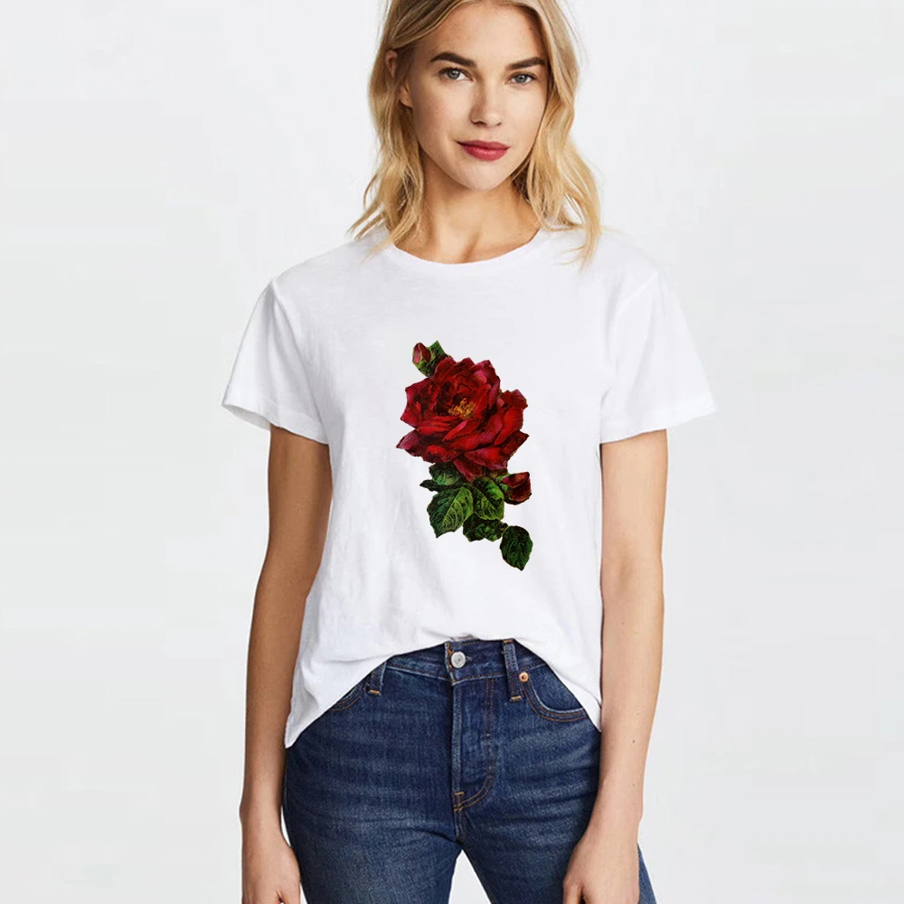 Camiseta con de flores para Mujer, camiseta de moda para Mujer, camisetas rosas, camiseta Punk para Mujer, ropa Mujer|Camisetas| - AliExpress