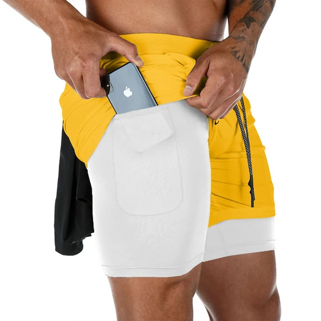 2020 Summer Running Shorts Men 2 in 1 Sports Jogging Fitness Shorts Training Quick Dry Mens Gym Men Shorts Sport gym Short Pants Yellow-White