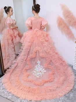 

Real Picture Flower Girls Dresses for Wedding Ruffle Tulle High-Low Little Girls Performance Birthday Gown with Detachable Tail