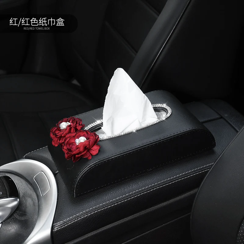 Diamond Crystal PU Leather Car Styling Tissue Box Cute Rose Auto Tissue Box For Girl Women Lady Car Interior Accessories
