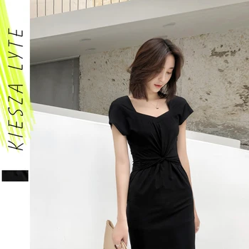 

French Lady Summer Modale Dress Twist Waist V Neck Short Sleeve Sexy Vintage Solid Black Dresses