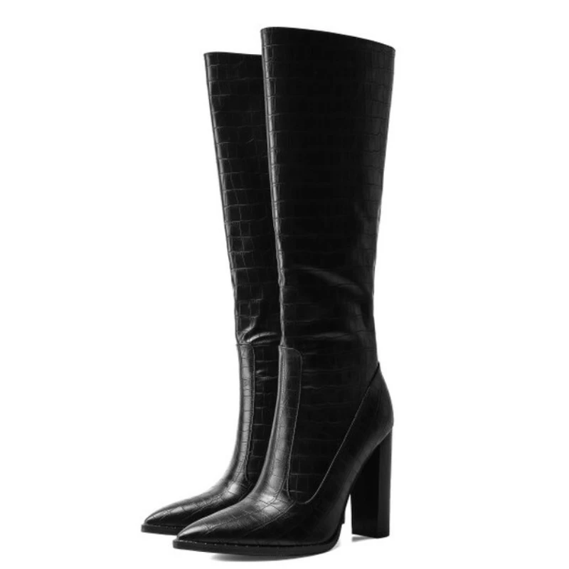 

Black white large 43 knee high boots European and American women's winter new pointed thick high-heeled boots sexy women's shoes