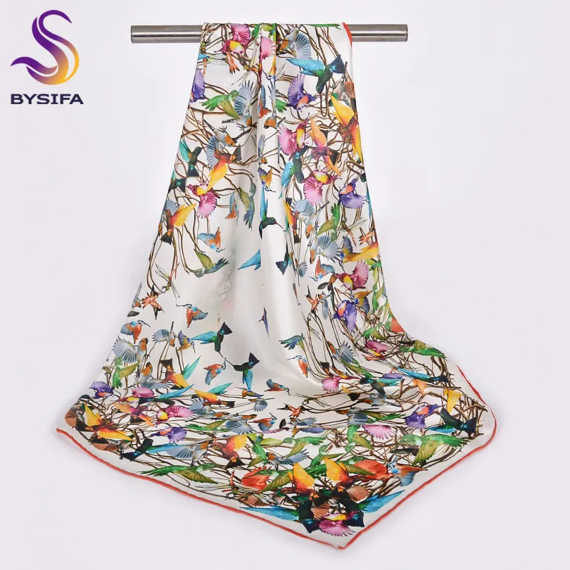 [BYSIFA] осень зима женские чистые шелковые квадратные платки синий шелковый шарф шаль Дамский шейный шарф цветочный дизайн шарфы, сатин - Цвет: white birds