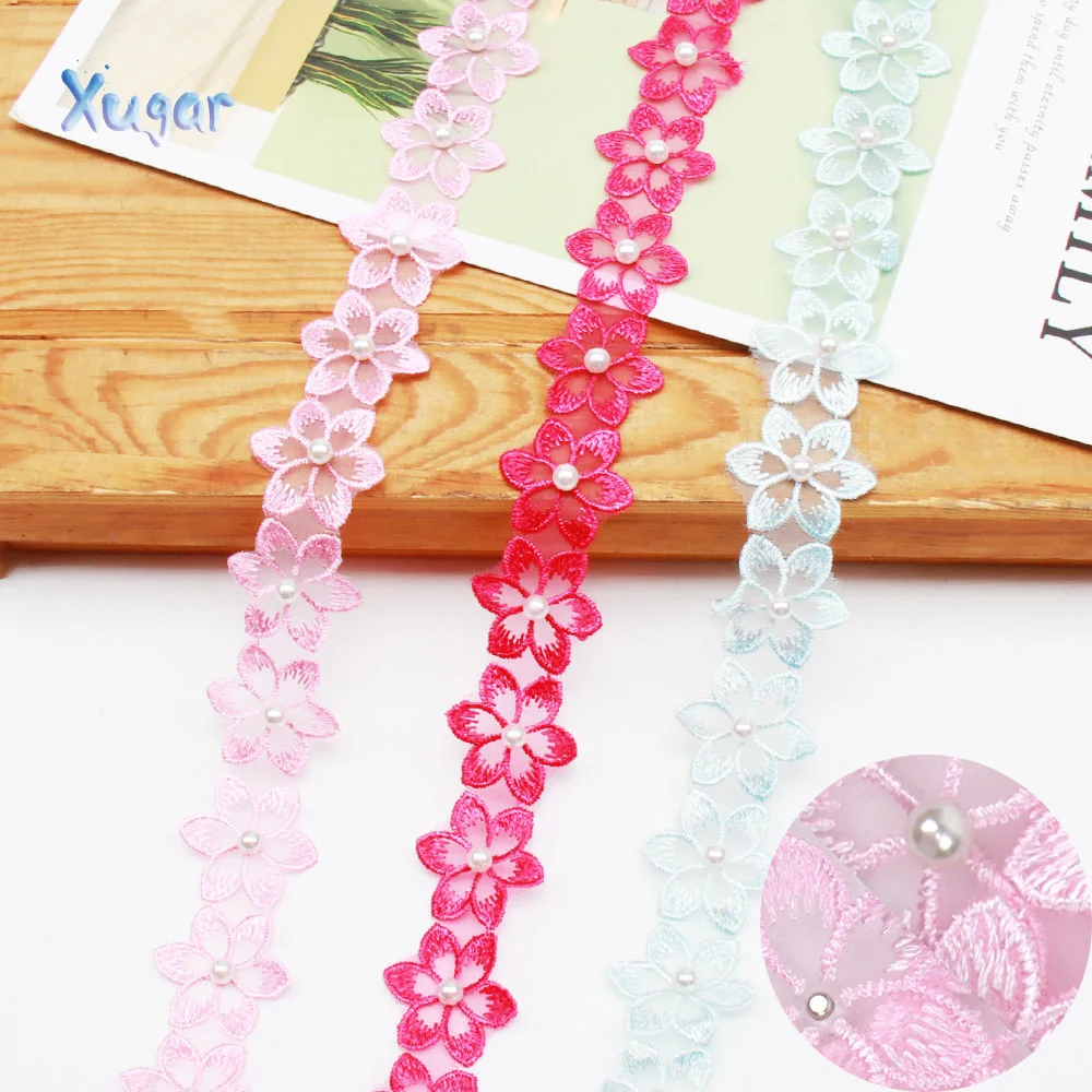 

Xugar 1yard Lace Flower Ribbon Pearl Flower Water Soluble Appliques for DIY Hairband Accessories Clothes Dress Bags Decorations