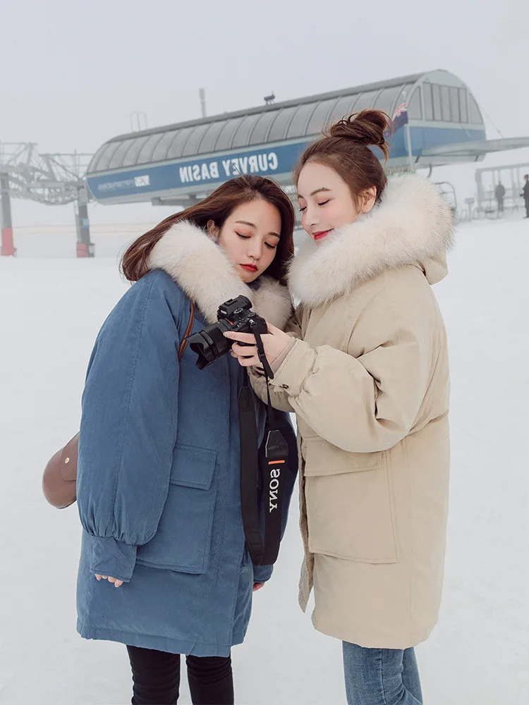 

2019 Korean Solid Color Hooded Fur Collar Down Cotton Long Jacket Loose Chic Thick Ins Bread Service Feminine Coat Winter Jacket