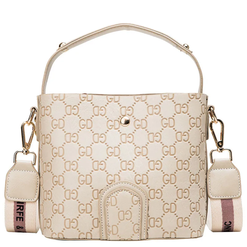 

2019 New Style Embossed Bucket Bag Versatile Large Capacity Portable Shoulder Bag Western Style Wide-Strap Shoulder Bag on Behal