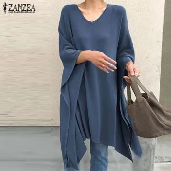 

2020 ZANZEA Fashion V Neck Tops women's Irregular Blouse Spring Casual 3/4 Sleeve Blusas Poncho Female Cape Poncho 5XL Tunic