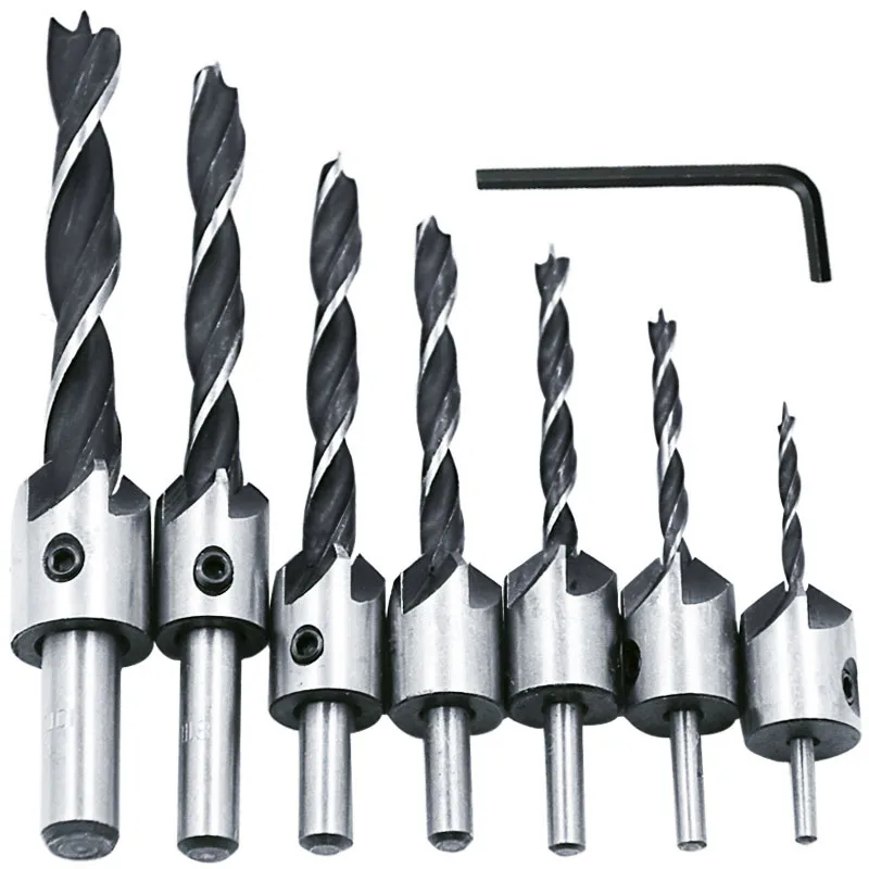 High quality 7pcs 3-10mm 3 point woodworking countersunk drill reamer chamferer guide high-speed steel core bit | Инструменты