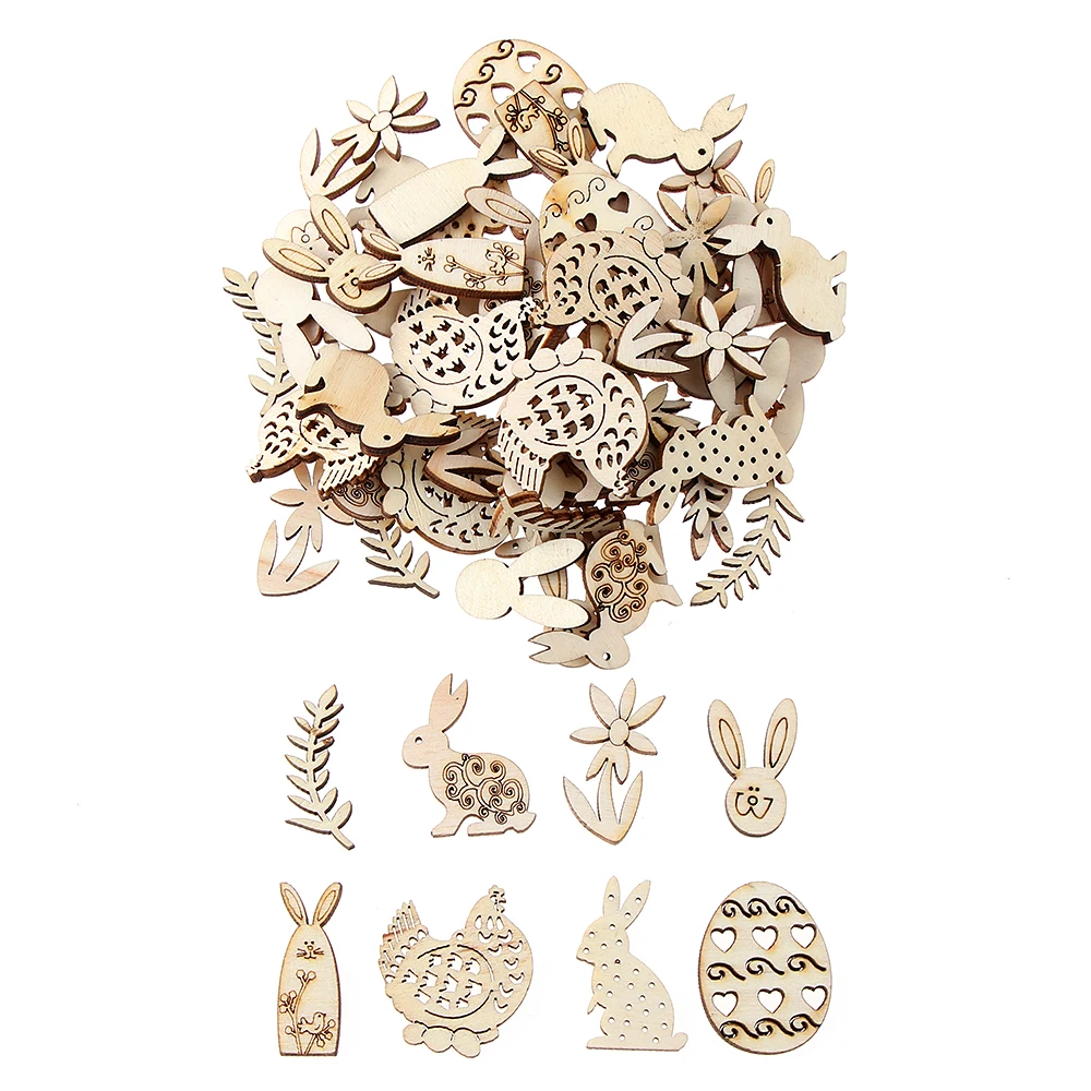 

50Pcs Laser Cut Wooden Happy 2020 Easter Rabbit Eggs Wooden Craft Decor Party DIY Handcraft Wood Chips Natural Hanging Ornaments