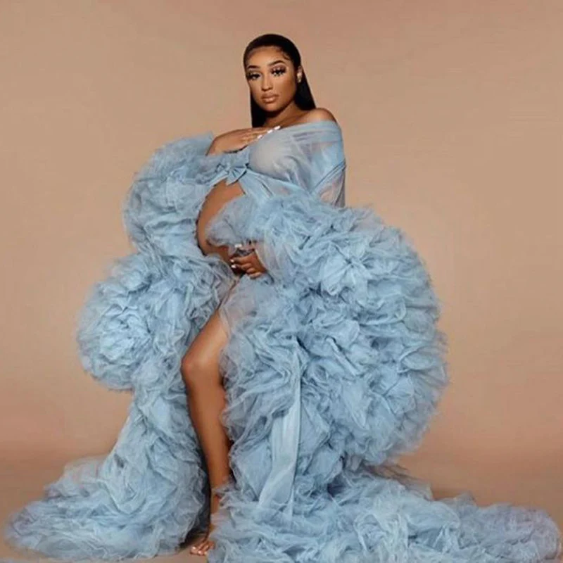 Amazing Sexy Sky Blue Tulle Maternity Robes Custom Made Long Women Sheer See Through Tulle Prom Evening Dresses Gowns