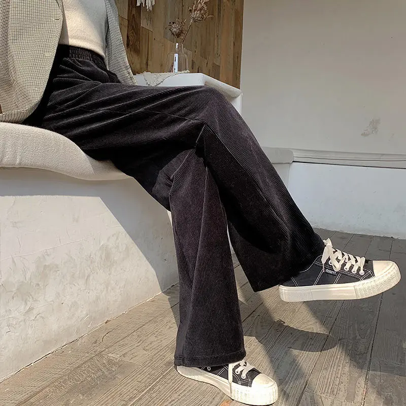 

HOUZHOU Corduroy Pants Women 2020 Autumn Winter Wide Leg Pants for Women High Waist Palazzo Pants Black Jokers Trousers Women