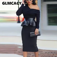 Women Long Sleeve One Shoulder Peplum Dress Elegant Office Lady PU Insert Work Dress Sexy Solid Party Midi Dress