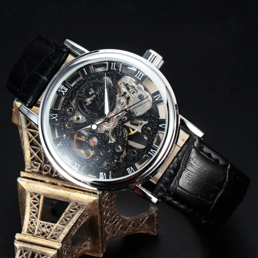 New Luxury Brand Gold Transparent Skeleton Watch Men Mechanical Hand Wind Wristwatch Male Fashion Leather Band Wristwatch