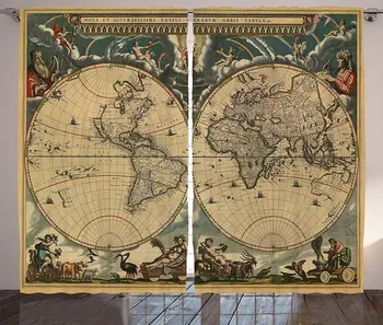 

Wanderlust Curtains Map of World Continents Antiquity Stained Vintage History Living Room Bedroom Window Drapes Brown Green