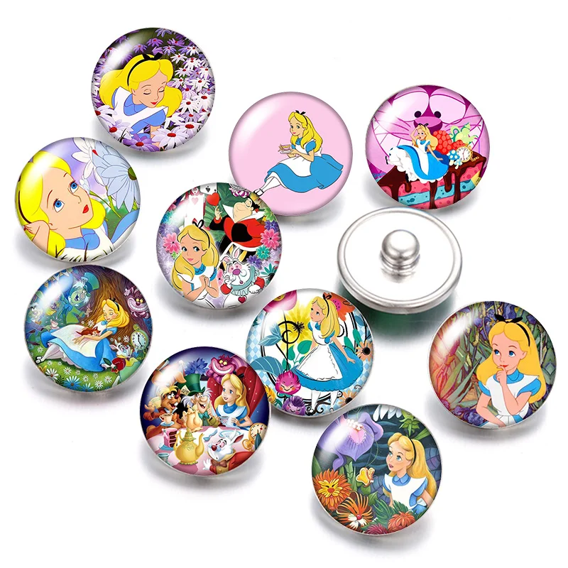 

Princesses Alice belle shimmer shine 18mm snap buttons 10pcs mixed round photo glass cabochon style for snap button jewelry