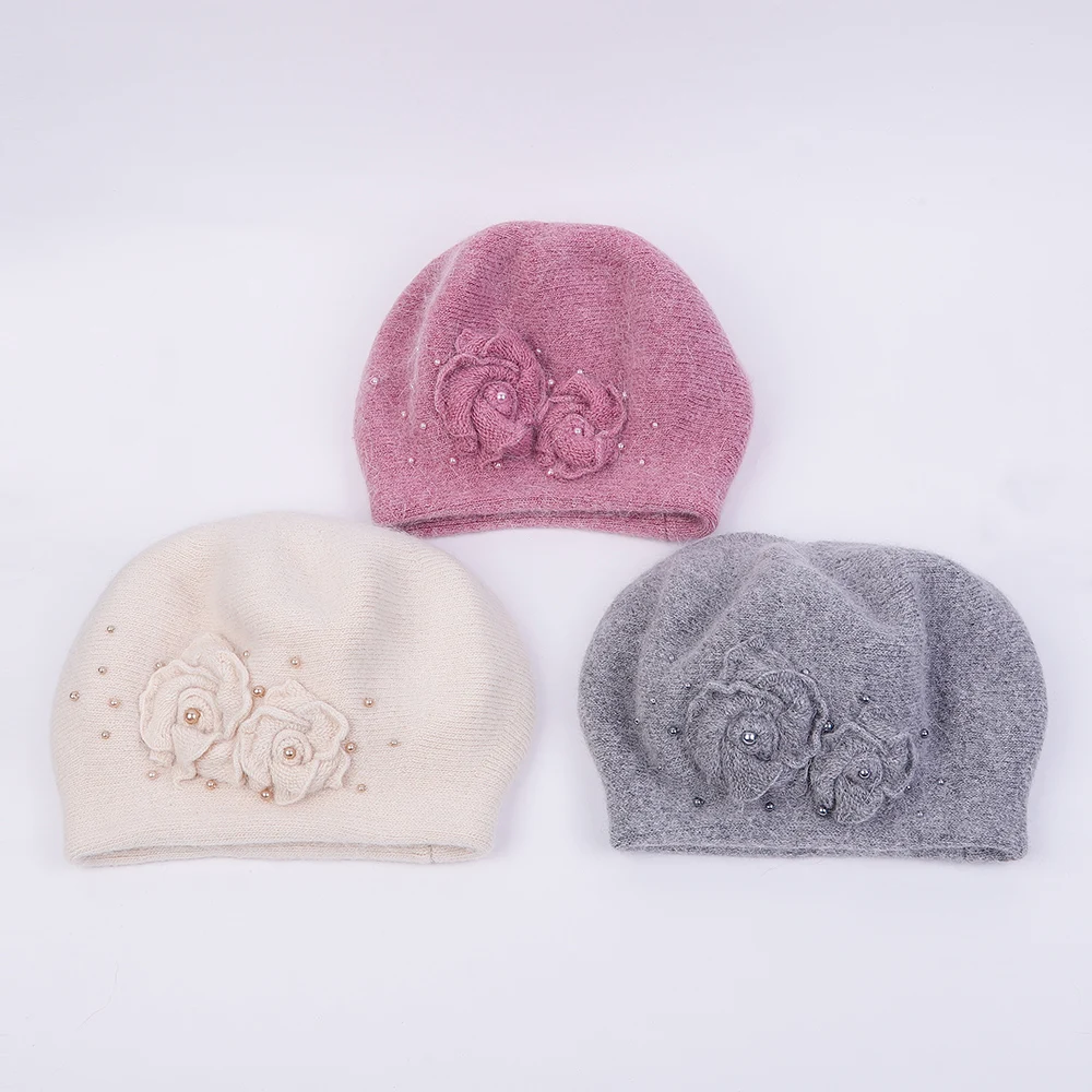 

Beret Women Hat Winter Angora Knit Flower Pearl Warm Soft Double Layers Thermal Snow Outdoor Accessory Female