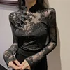 Girls Transparent Lace Blouses Shirts Tees Female Chinese Style Turtleneck Vintage Full Sleeve Black Blouses Tops For Women 1