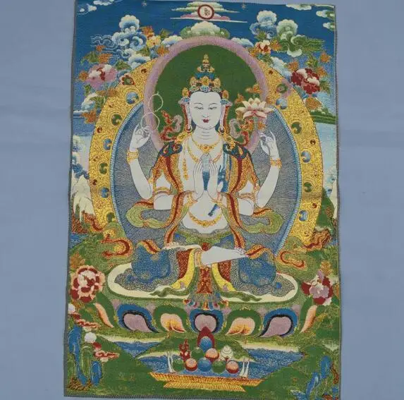 

Brocade, painting, silk, fine embroidery, hidden Buddhas, Thangka, Tang Dynasty, four arms, lotus, Guanyin