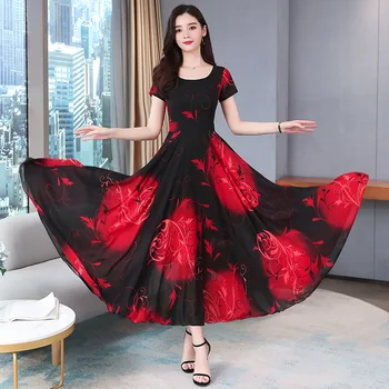 

Chiffon Dress Female Summer 2020 New Floral Waist Slim Retro Elegant Print Long da qun bai qun Sub-