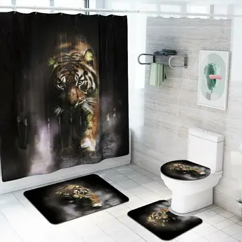 

4 Pcs Moon Wolf Animal Pattern Shower Curtain Bath Rug Set Toilet Cover Bath Mat Pad Bathroom Accessories Curtains With Hooks