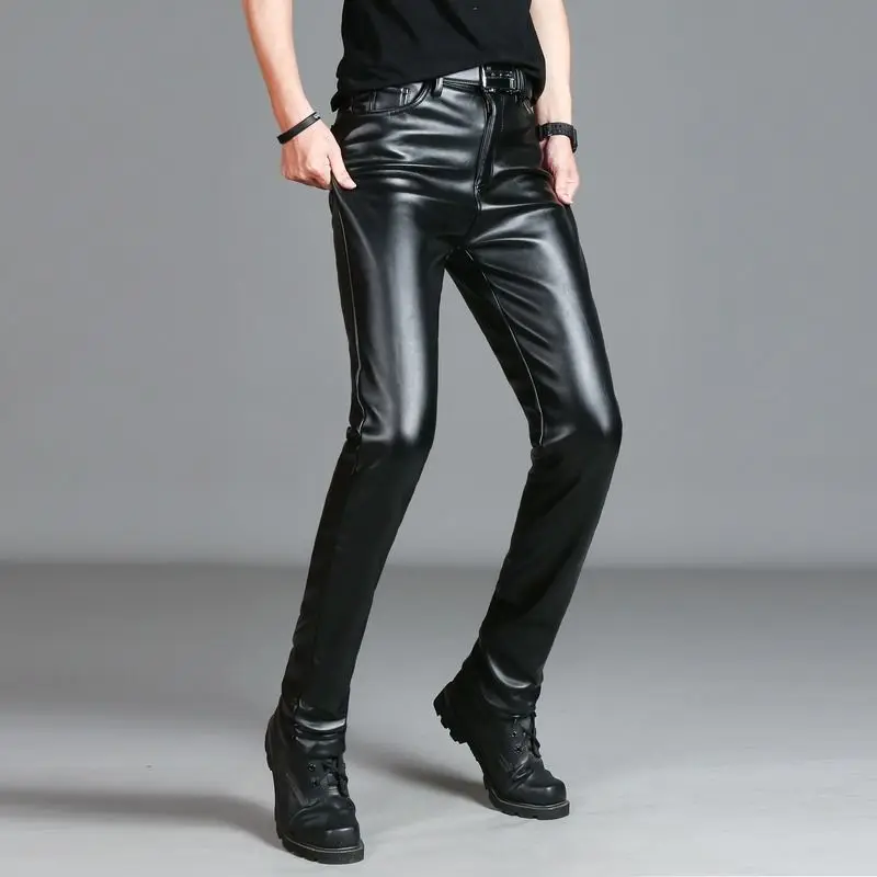 Men`s Faux Leather Pants Stretchy Black Slim Fit Motorcycle Business Casual  Velvet Lined PU Leather Trousers For Male