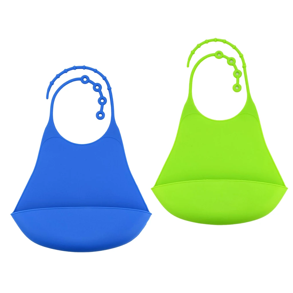 2x Silicone Adult Bib Reusable Clothing Eating Mealtime Protector Green+Blue