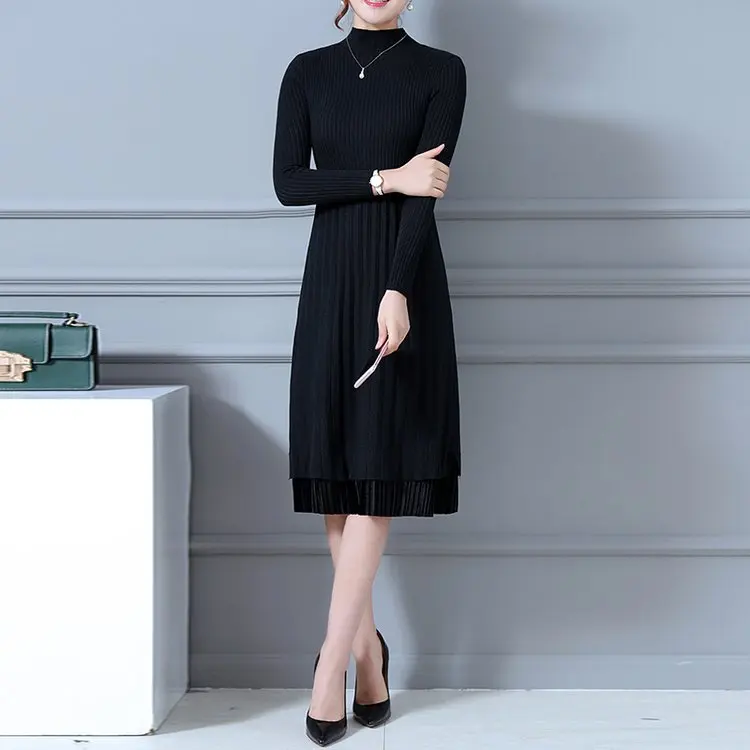 

2019 Spring New Style WOMEN'S Dress Korean-style Elegant Slim Fit over-the-Knee Long Base Flounced Joint Jersey Dress