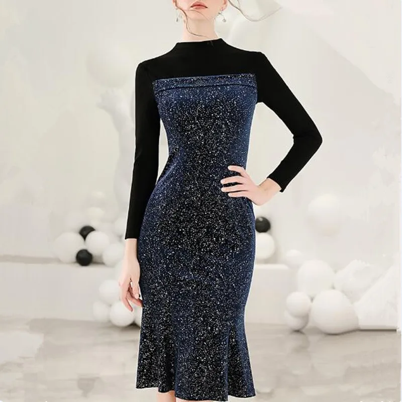 

Women Sequined Shiny Dress Long Sleeve Evening Party Casual Midi Dress Elegant Vintage Patchwork Midi Dresses Vestidos Female