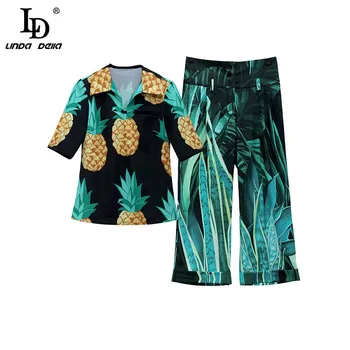 

LD LINDA DELLA Summer Fashion Runway Women V-Neck Half Sleeve 3/4 Pants Pineapple Print Pants Ladies Slim 2 Two Pieces Sets