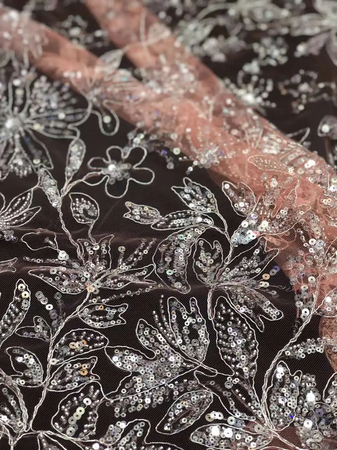 

High quality beaded fabric Sequin embrodery French mesh yarn lace Nigeria Sequin fabirc For Weddings Evening dresses party dress