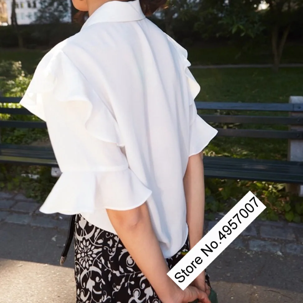 Elfbop Ladies 100% Silk Ruffled Short Sleeve Blouse Shirt Top - Women White/Black Top 6