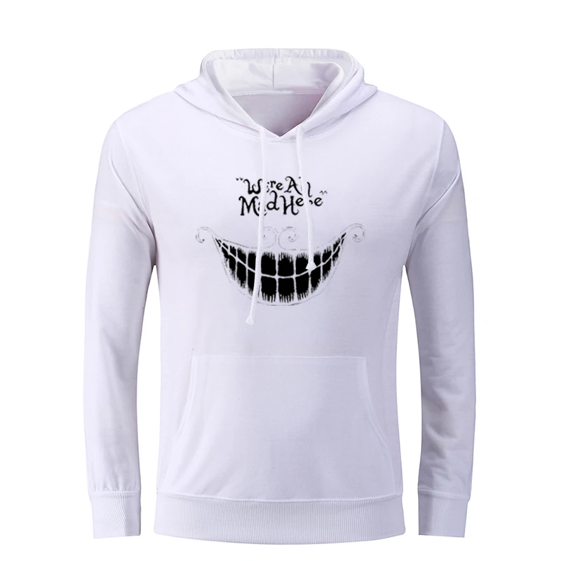 

White Rabbit Alice In Wonderland and Cheshire Cat We're All Mad Here Graphic Hoodie Sweatshirt Strings Hooded Top Pullover