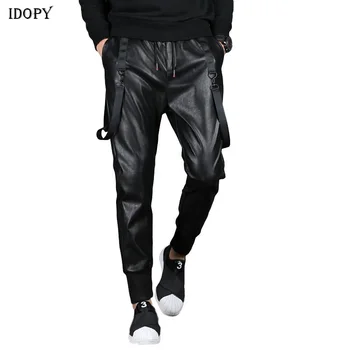 

Idopy Men`s Hip Hop Harem Leather Pants High Street Drawstring Elastic Waist Faux Leather Trousers Joggers For Male M-XXXL