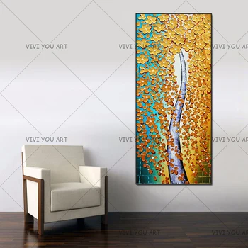 

Big Size Hand painted thick Knife Flower Oil Paintings 3D golden tree oil Paintings Wall pictures on Canvas for wedding decor