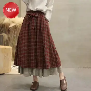 

Woman SkirtsVintage England plaid Elastic waist A-Line bow belt layers skirt mori girl 2020 June Long Skirt